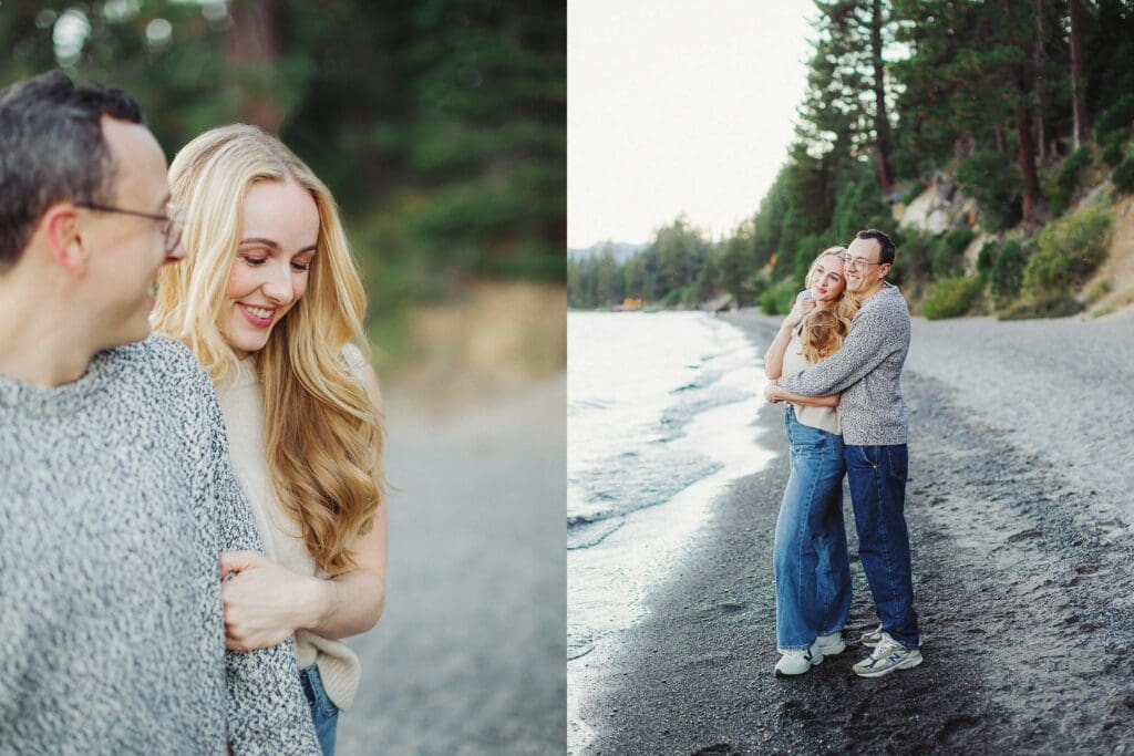 A couple embraces on the beach during a family photo session at Lake Tahoe, capturing a moment of love and connection.