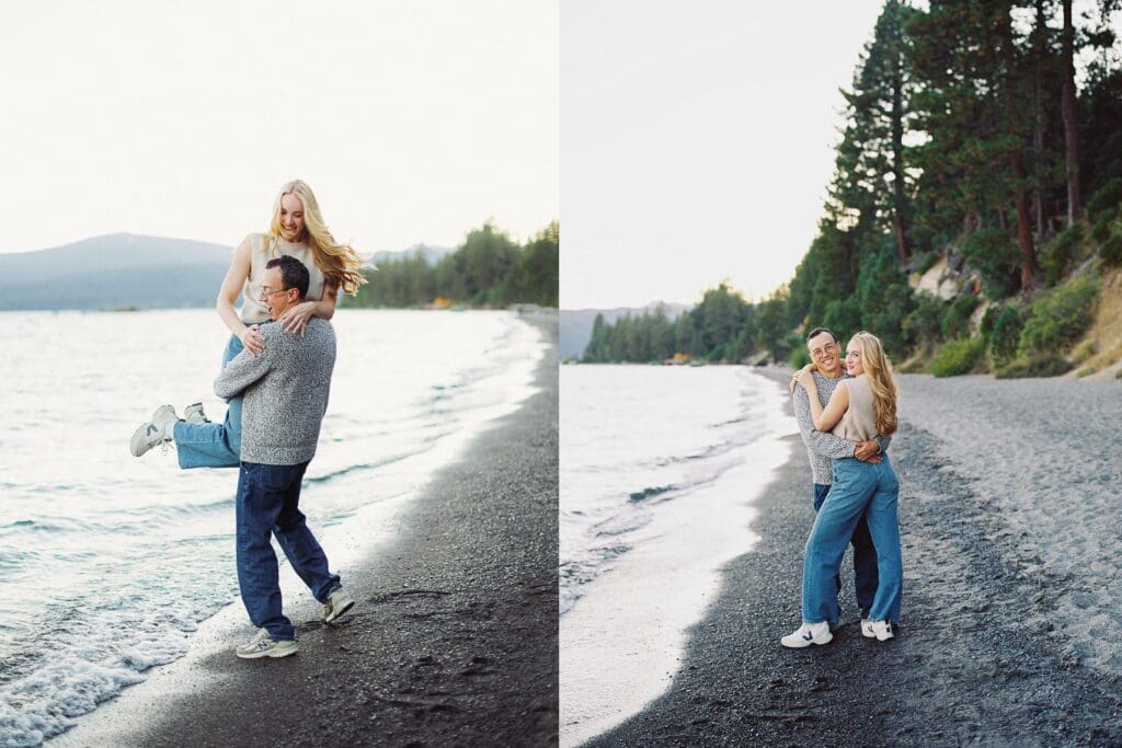 A couple having fun on the beach during a family photo session at Lake Tahoe, capturing a moment of love and connection.