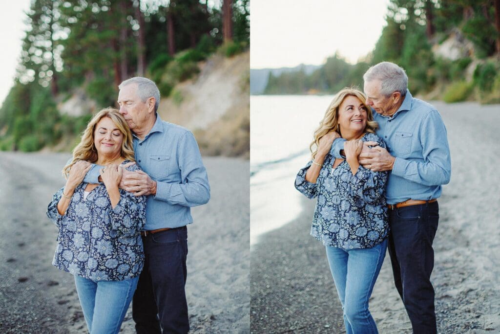 Grandparents embraces on the beach during a family photo session at Lake Tahoe, capturing a moment of love and connection.