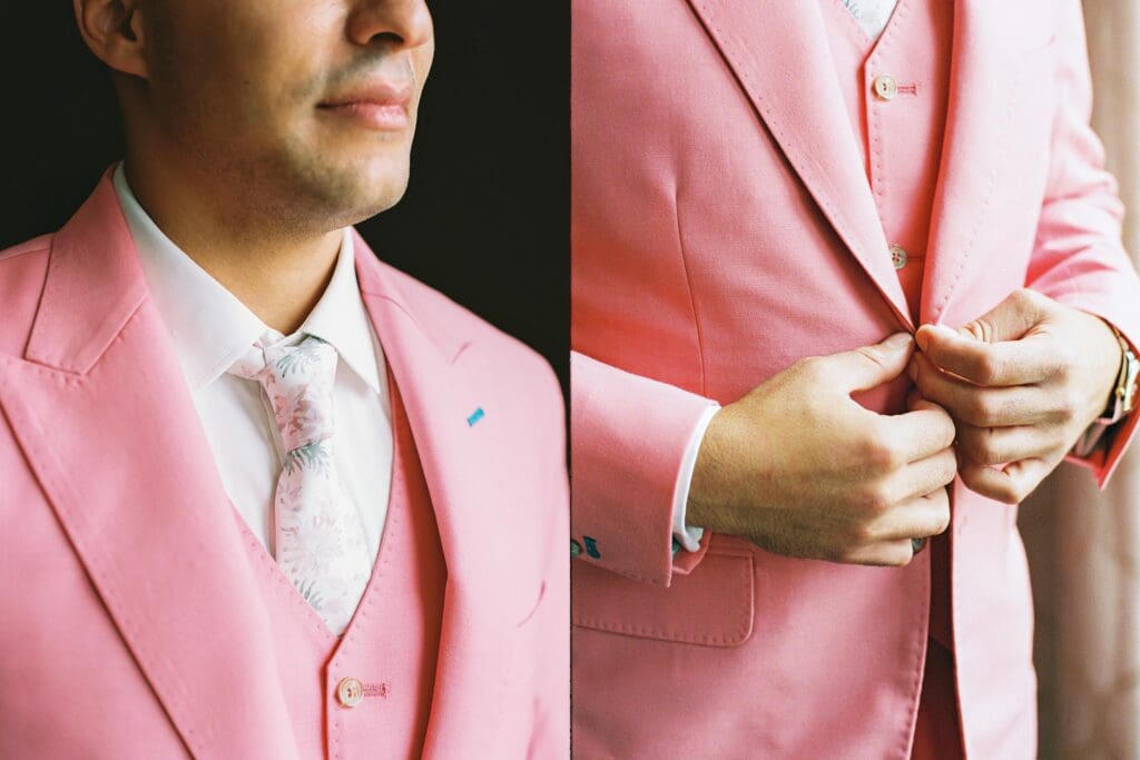 Groom in pink suit at Lake Tahoe Lakeview Lodge Heavenly Mountain Resort wedding | Film photography