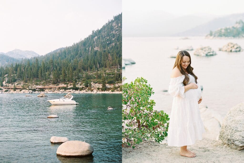 Captivating maternity photo session in Lake Tahoe, celebrating the journey of motherhood against a stunning lakeside backdrop.