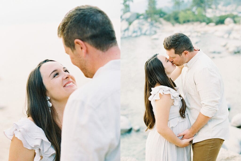 Lake Tahoe Maternity photography, highlighting the elegance of an expectant mother amidst breathtaking Tahoe lake and mountain scenery.