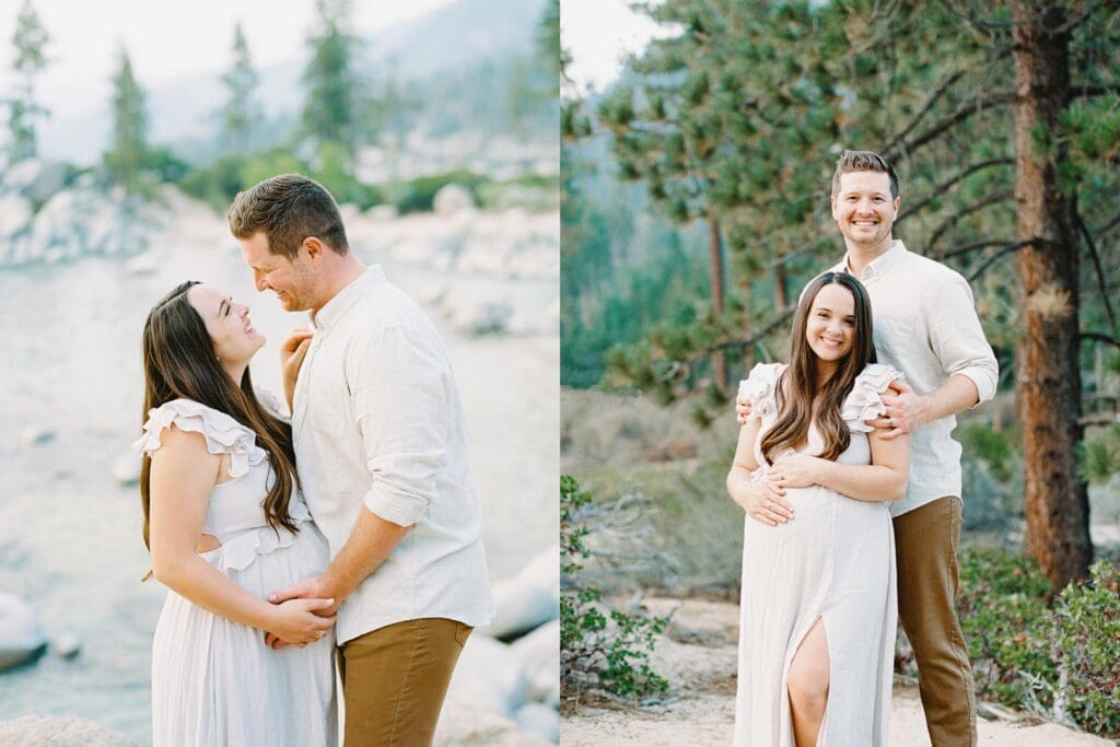 Lake Tahoe Maternity photography, highlighting the elegance of an expectant mother amidst breathtaking Tahoe lake and mountain scenery.