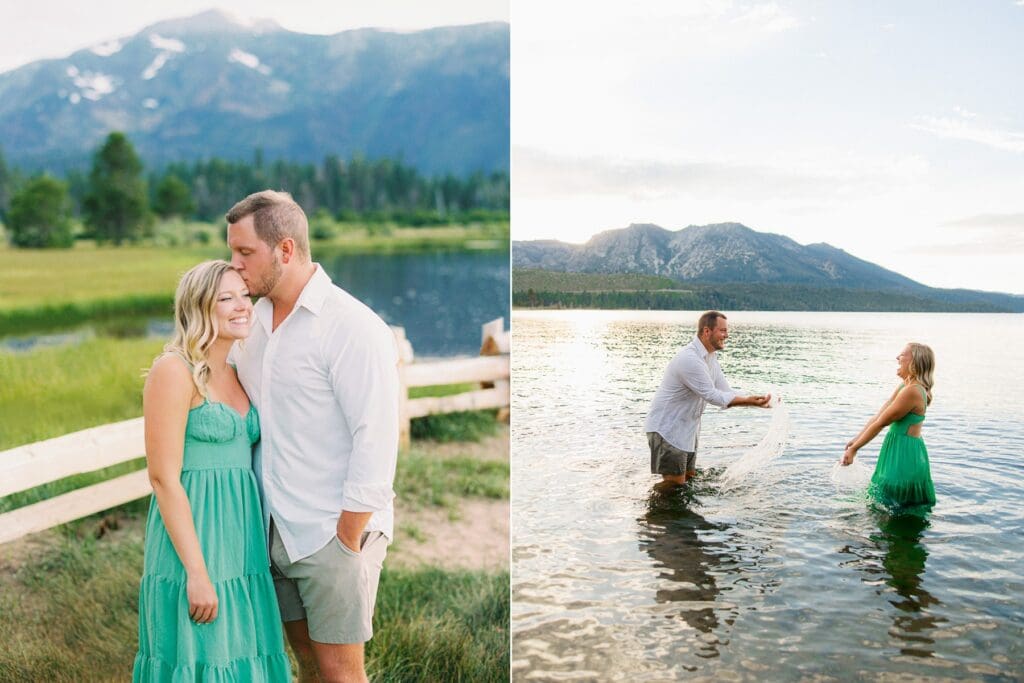 A romantic engaged couple poses by a fence, with the breathtaking Lake Tahoe mountains illuminated by a sunset backdrop.