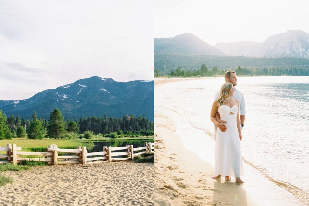 Engagement session at Lake Tahoe, highlighting a picturesque sunset and beautiful mountain scenery.