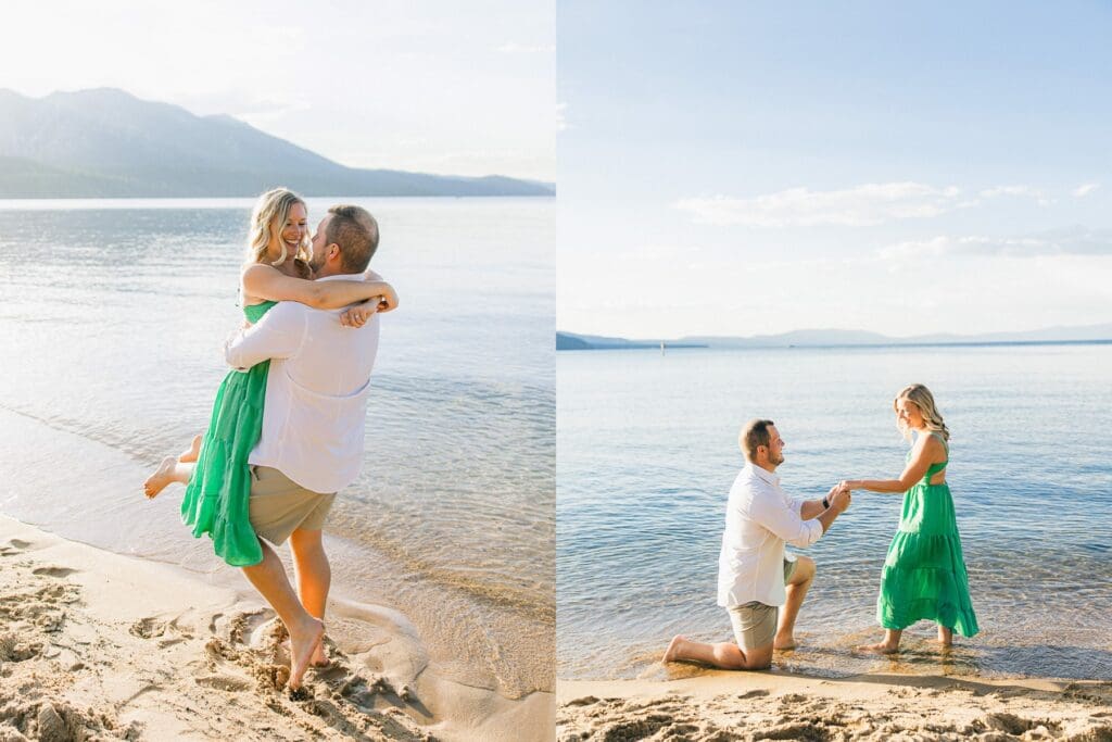 Proposal at Lake Tahoe, with a breathtaking sunset and scenic mountain backdrop.