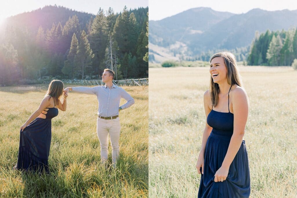 In a vibrant mountain meadow, a couple celebrates their engagement with the beautiful Lake Tahoe mountains behind them.