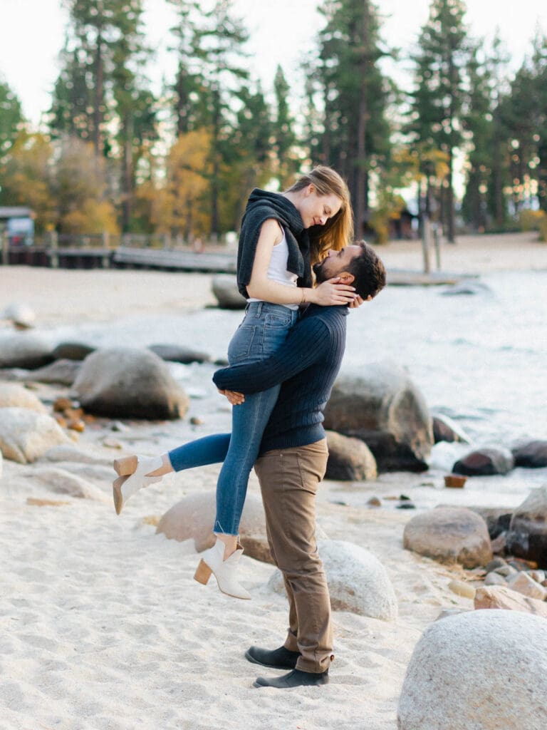 romantic couple on tahoe beach