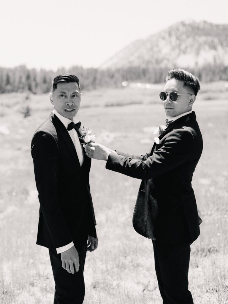 Groom getting ready for a first look at Tannenbaum Lake Tahoe wedding venue, captured by the photographer.