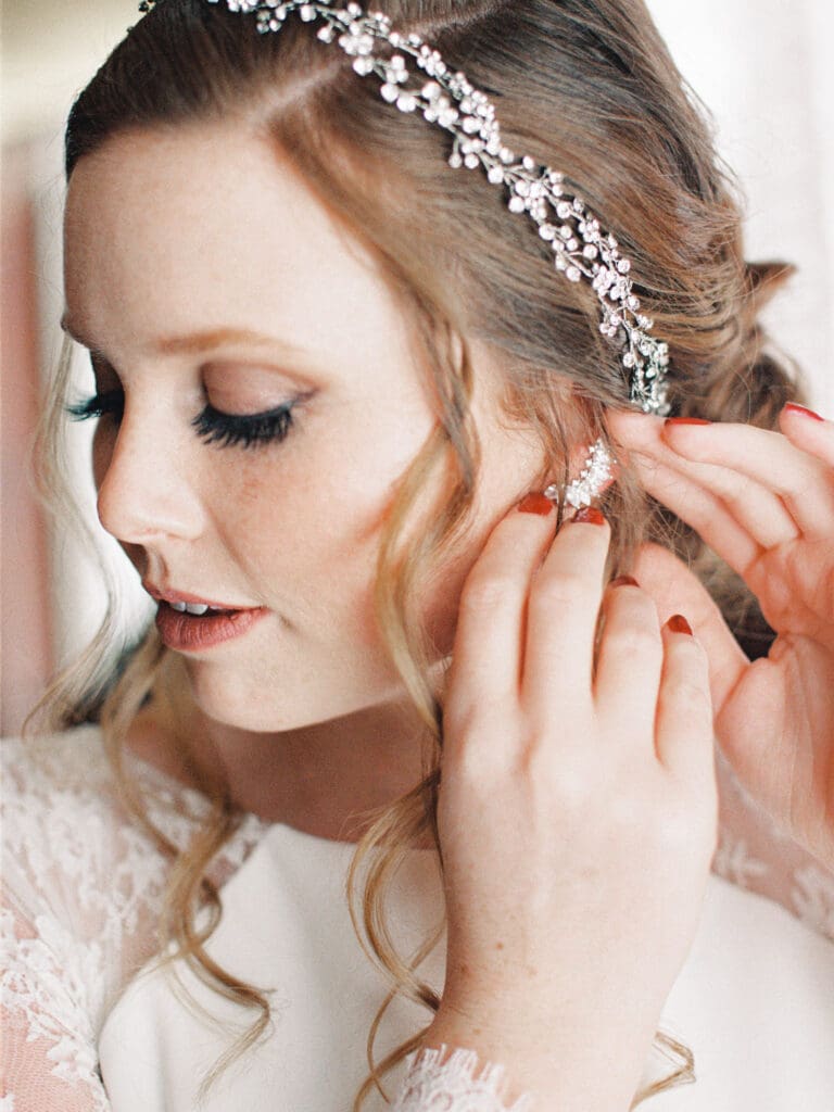 Bride portraits at Cozy Lake Tahoe Cabin Winter Wedding