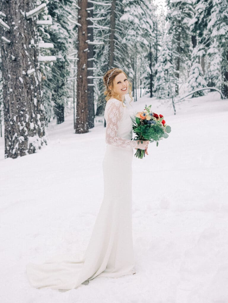 Bride portraits at Cozy Lake Tahoe Winter Wedding