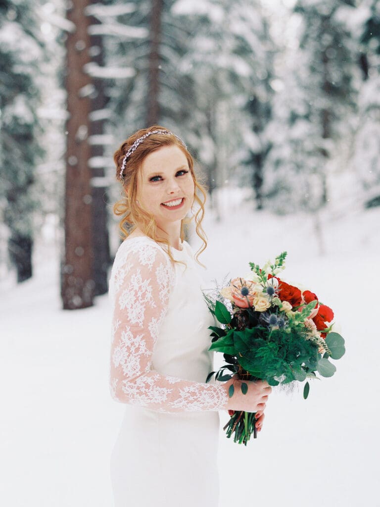 Bride portraits at snowy Lake Tahoe Cabin Winter Wedding