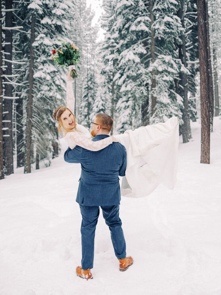 Just married at Cozy Lake Tahoe Cabin Winter Wedding