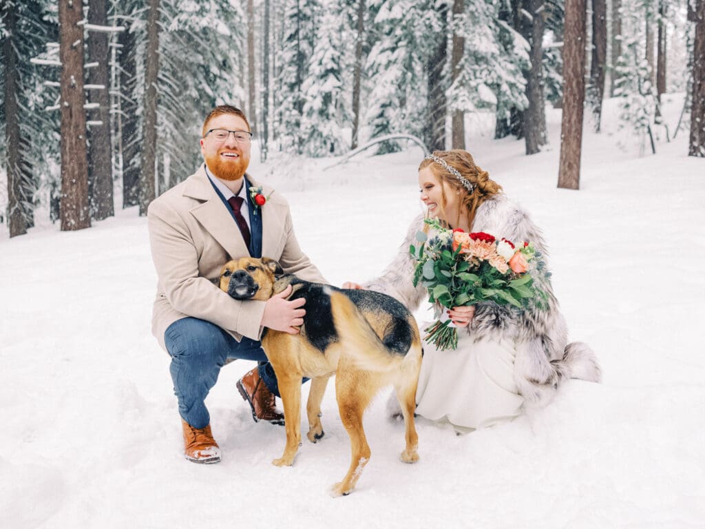 first look at snowy Lake Tahoe winter wedding 