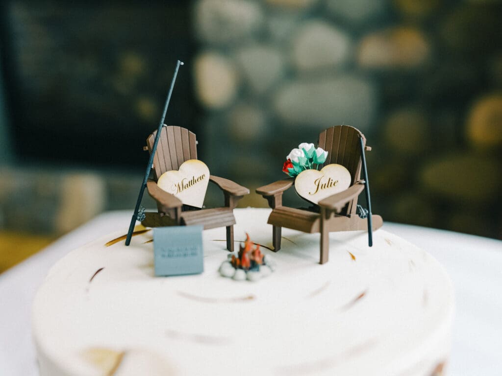 Unique cake top at Cozy Lake Tahoe Cabin Winter elopement