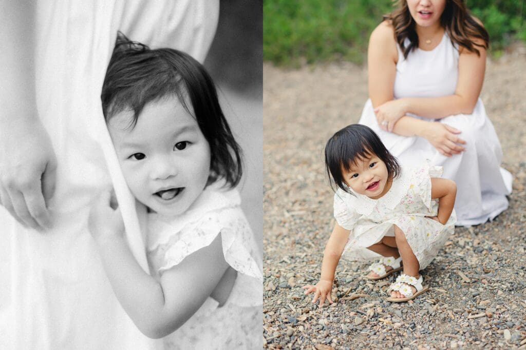 A little girl in a dress poses with her mother, captured during a family photography session in South Lake Tahoe.