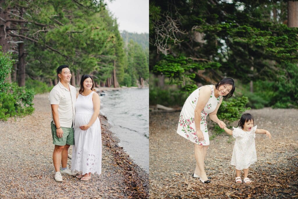 A family poses together for a photo in front of a tree during their photography session in South Lake Tahoe.