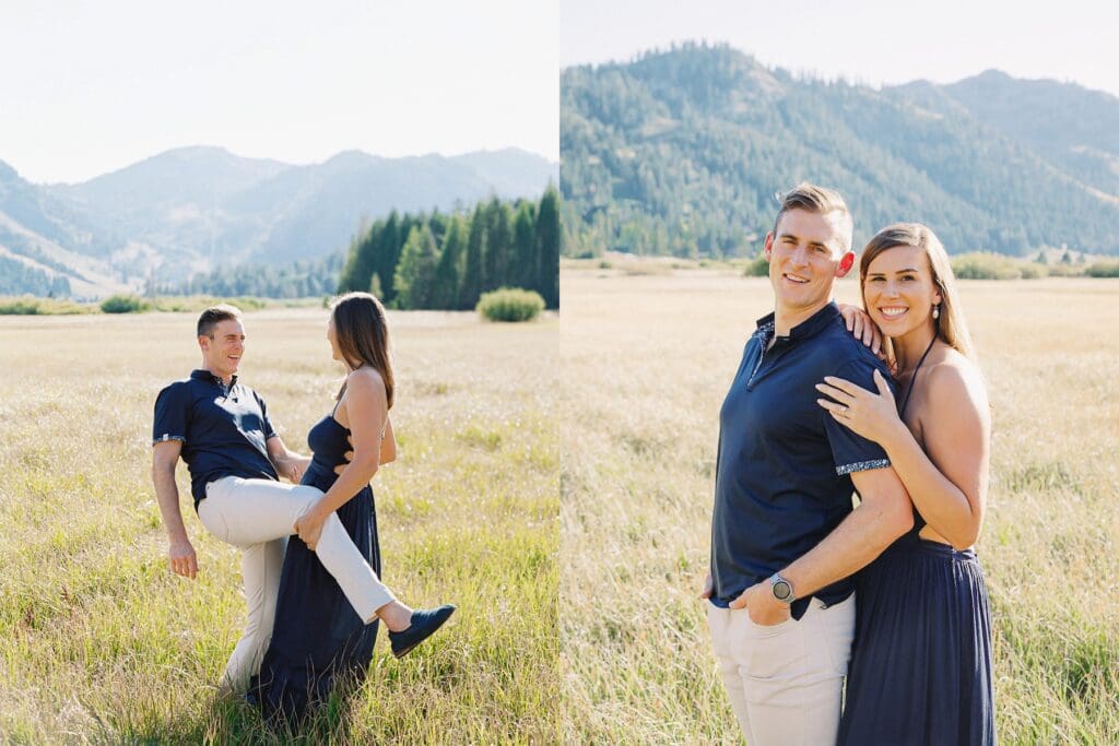 In a vibrant mountain meadow, a couple celebrates their engagement with the beautiful Lake Tahoe mountains behind them.