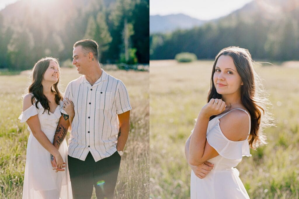 Engaged couple stands in a picturesque field, capturing a romantic moment during their Lake Tahoe engagement photo session.