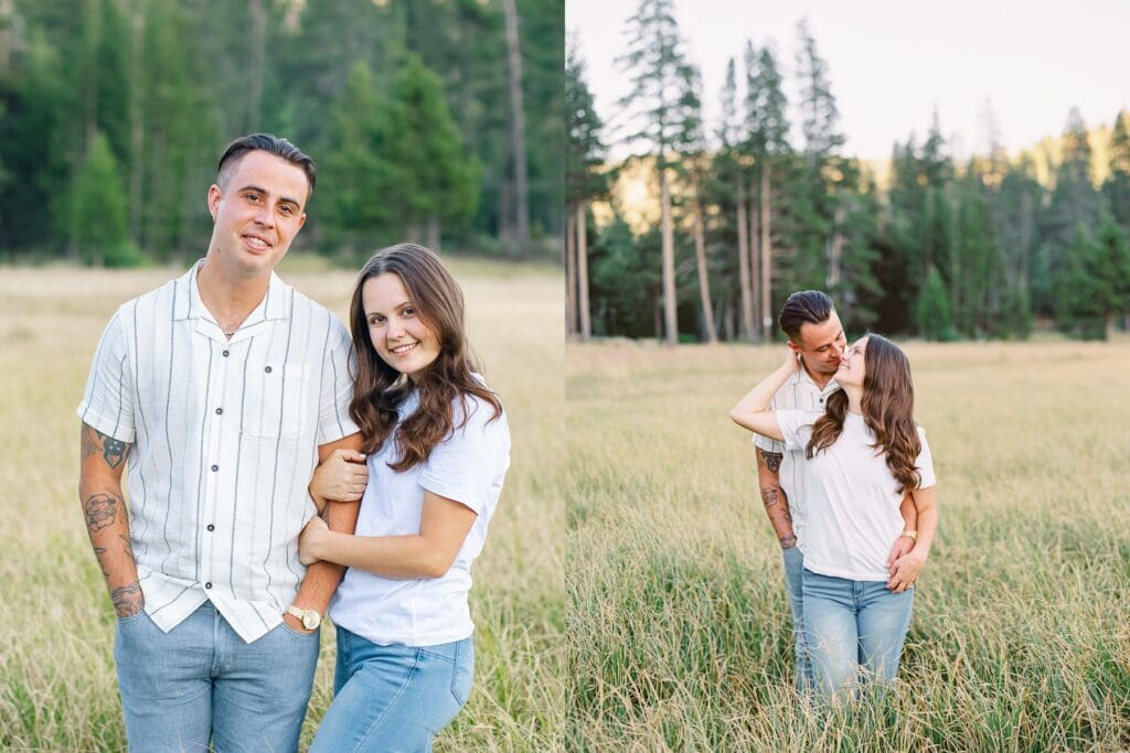 A couple kisses at a mountain field during their Lake Tahoe engagement photo session.