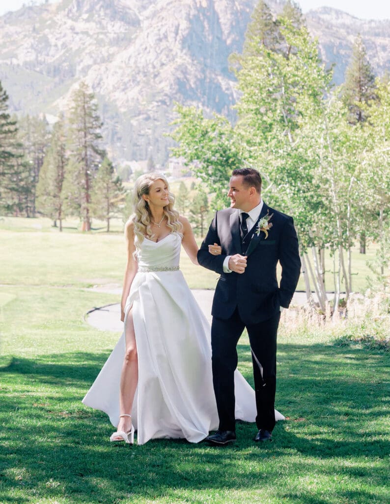 A stunning wedding scene captured by a Tahoe photographer at Everline Resort, set against the beautiful Lake Tahoe mountains.