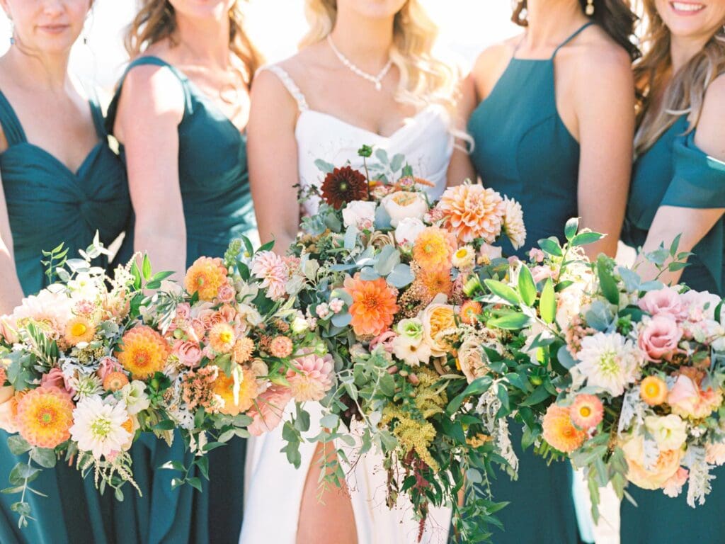 Lake Tahoe wedding flowers in the hands of bridesmaids at everline resort wedding 