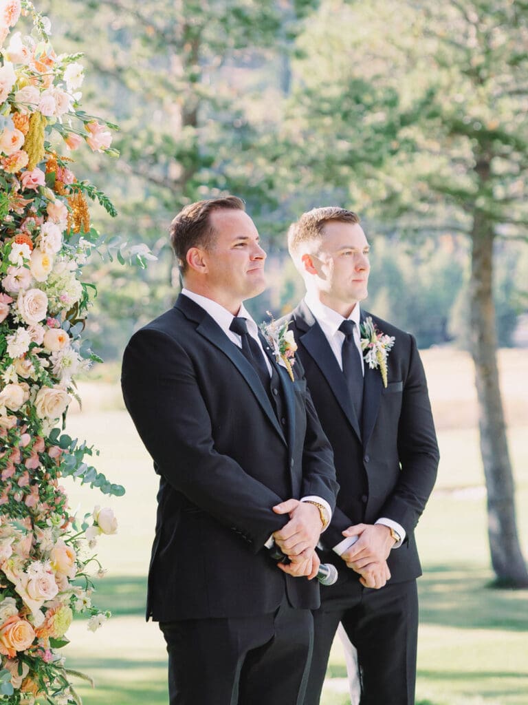 A picturesque wedding ceremony at Everline Resort, set against the stunning backdrop of Lake Tahoe's mountains.