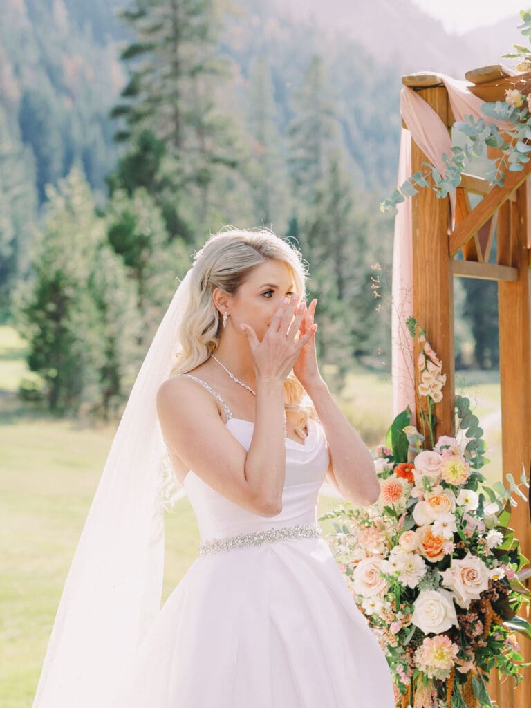 A stunning bride captured by Lake Tahoe wedding photographer at Everline Resort, set against the beautiful Lake Tahoe mountains.