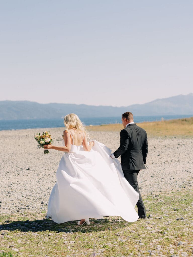 A picturesque wedding at Everline Resort, showcasing the beautiful First Look with Lake Tahoe in the background.