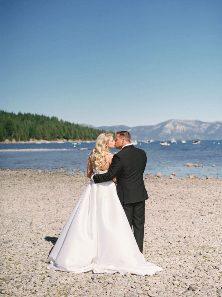 A picturesque wedding at Everline Resort, showcasing the beautiful First Look with Lake Tahoe in the background.