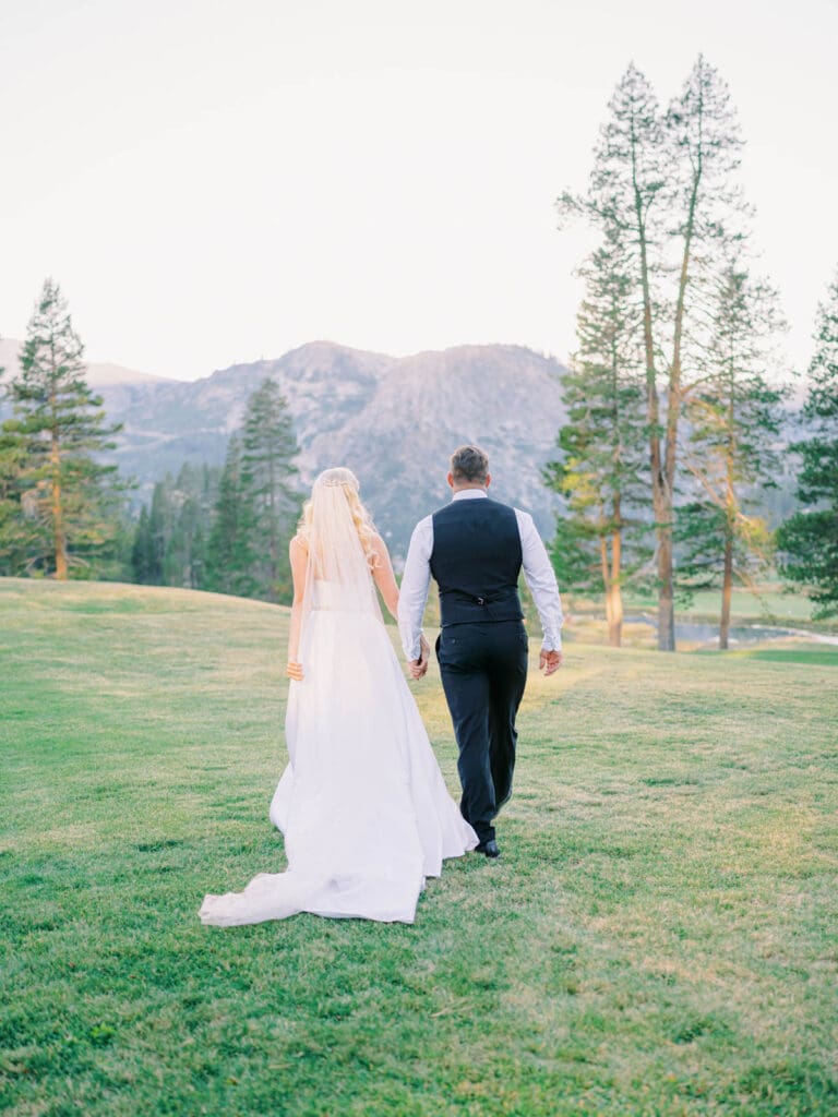 Romantic golden hour portraits of the bride and groom in Lake Tahoe during their wedding at Everline Resort.