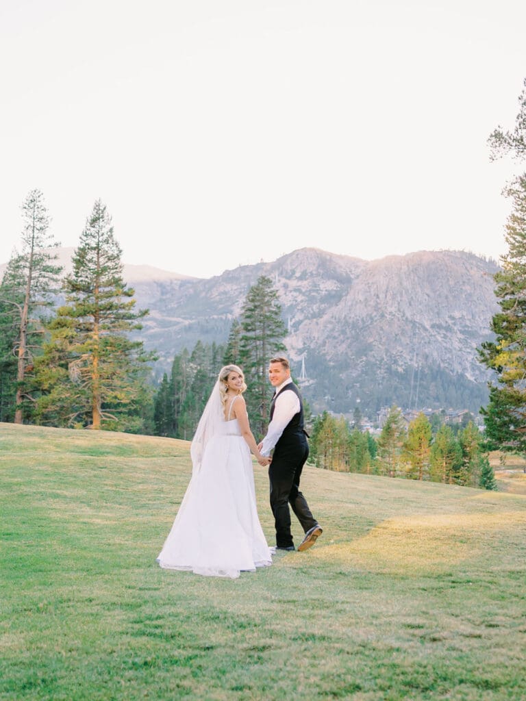 Romantic golden hour portraits of the bride and groom in Lake Tahoe during their wedding at Everline Resort.