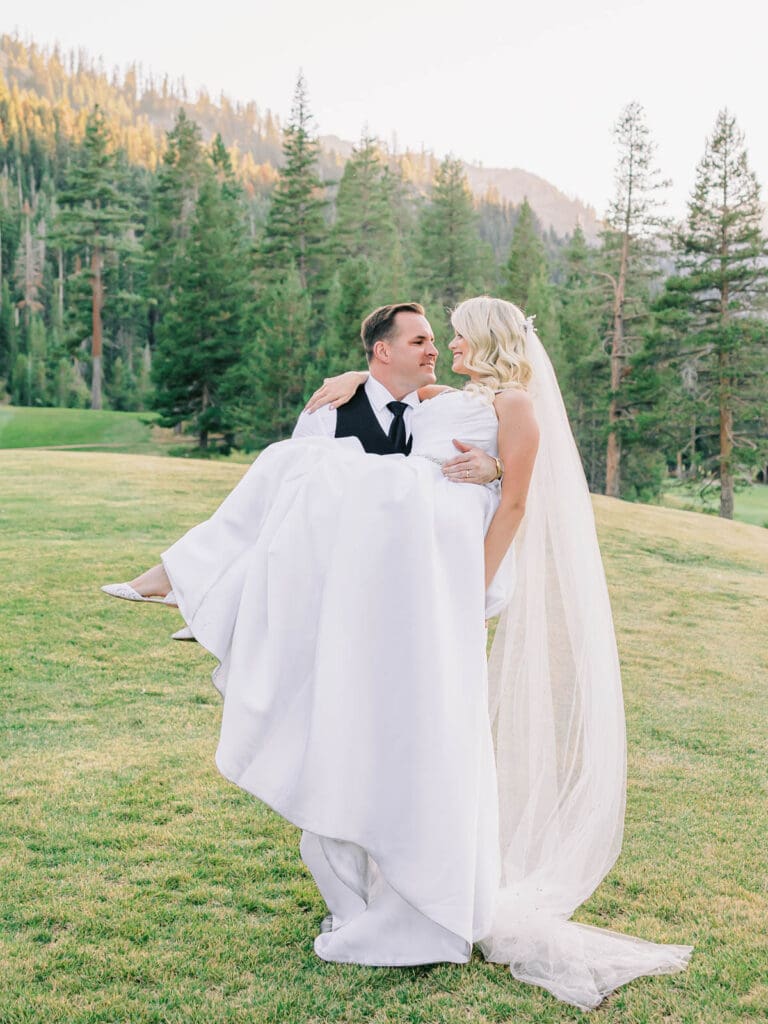 Romantic golden hour portraits of the bride and groom in Lake Tahoe during their wedding at Everline Resort.