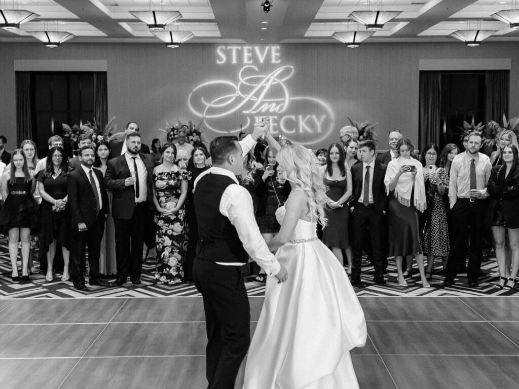 Romantic bride and groom first dance in Lake Tahoe during their wedding at Everline Resort.