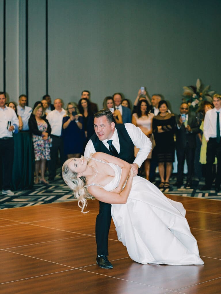 Romantic bride and groom first dance in Lake Tahoe during their wedding at Everline Resort.