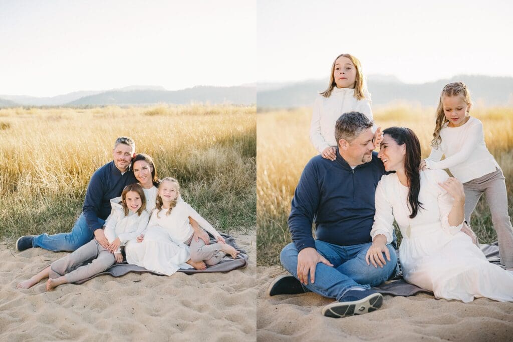 A family enjoys a beach in South Lake Tahoe, capturing moments during their family photo session.