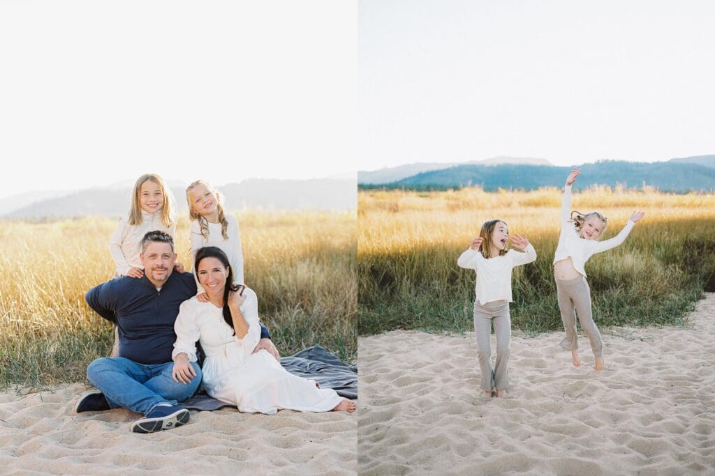 Two little girls dressed in white shirts stand on the beach, part of a family photo session in South Lake Tahoe.