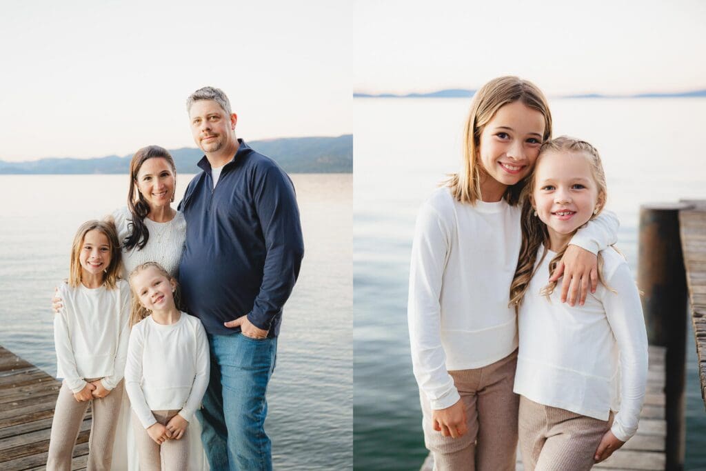 A family walking on the dock, part of a family photo session in South Lake Tahoe.