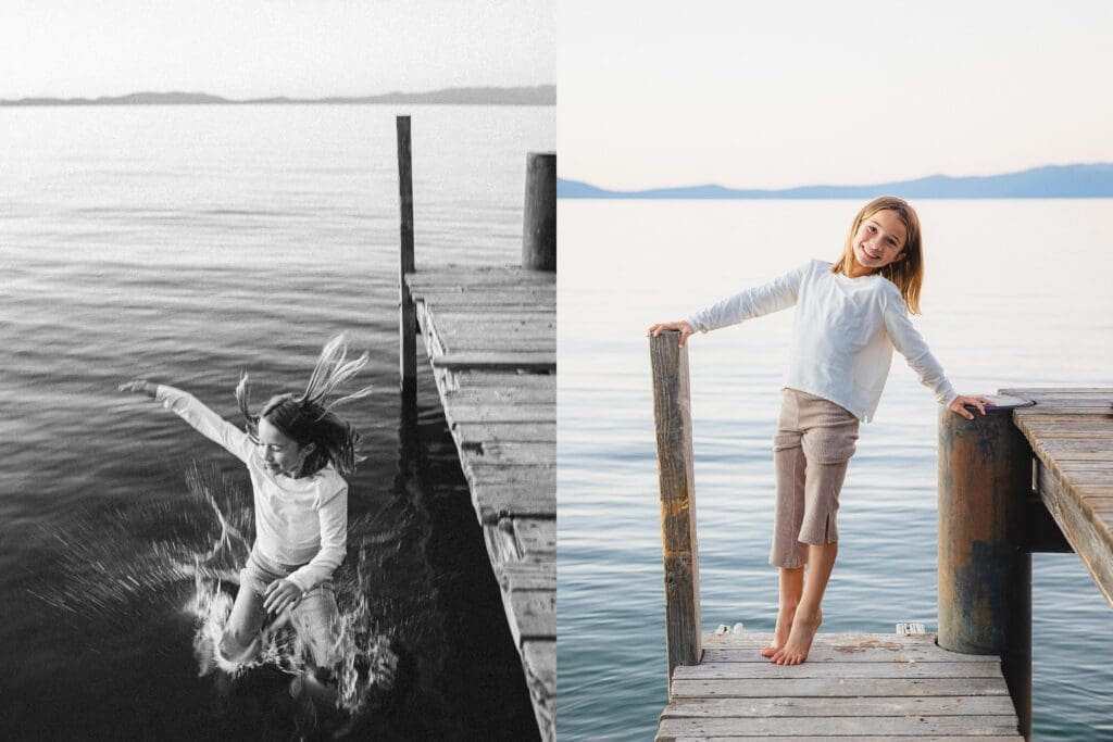 A little girl dressed in white shirts posing on the dock, part of a family photo session in South Lake Tahoe.