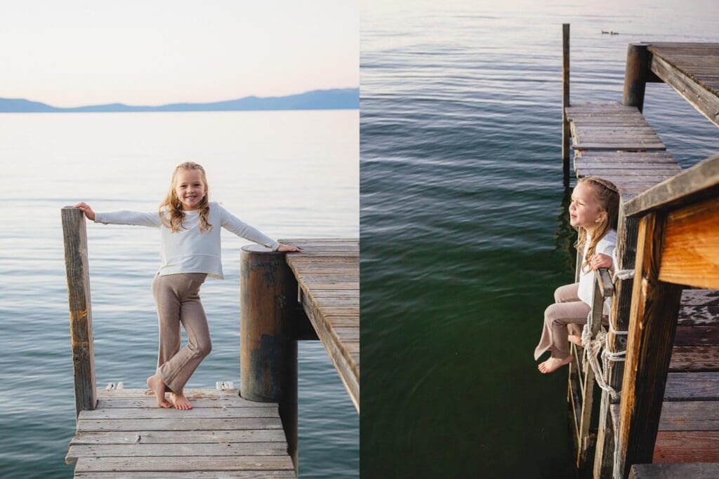 A little girl dressed in white shirts posing on the dock, part of a family photo session in South Lake Tahoe.