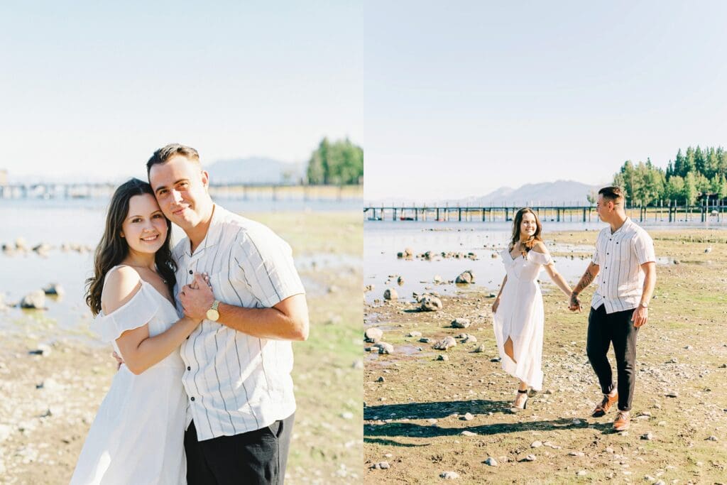 An engaged couple poses together at Lake Tahoe, capturing their love amidst the picturesque Tahoe nature landscape.