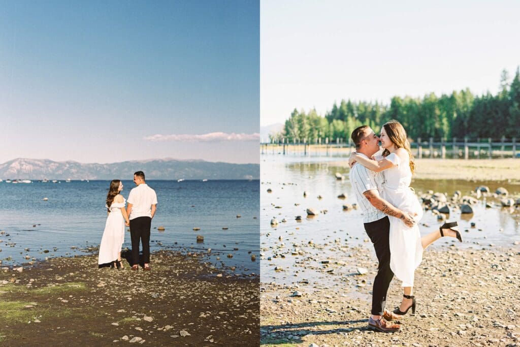 A couple enjoys a romantic engagement session by the serene waters of Lake Tahoe, surrounded by stunning natural beauty.