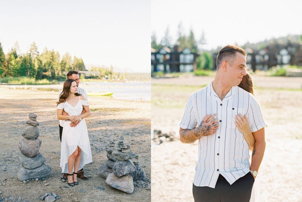 An engaged couple poses together at Lake Tahoe, capturing their love amidst the picturesque Tahoe nature landscape.