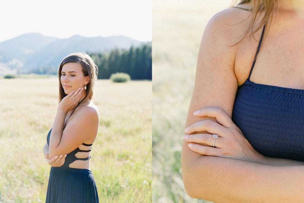 An engaged woman in a blue dress is captured in a field, with the majestic Lake Tahoe mountains providing a scenic backdrop.