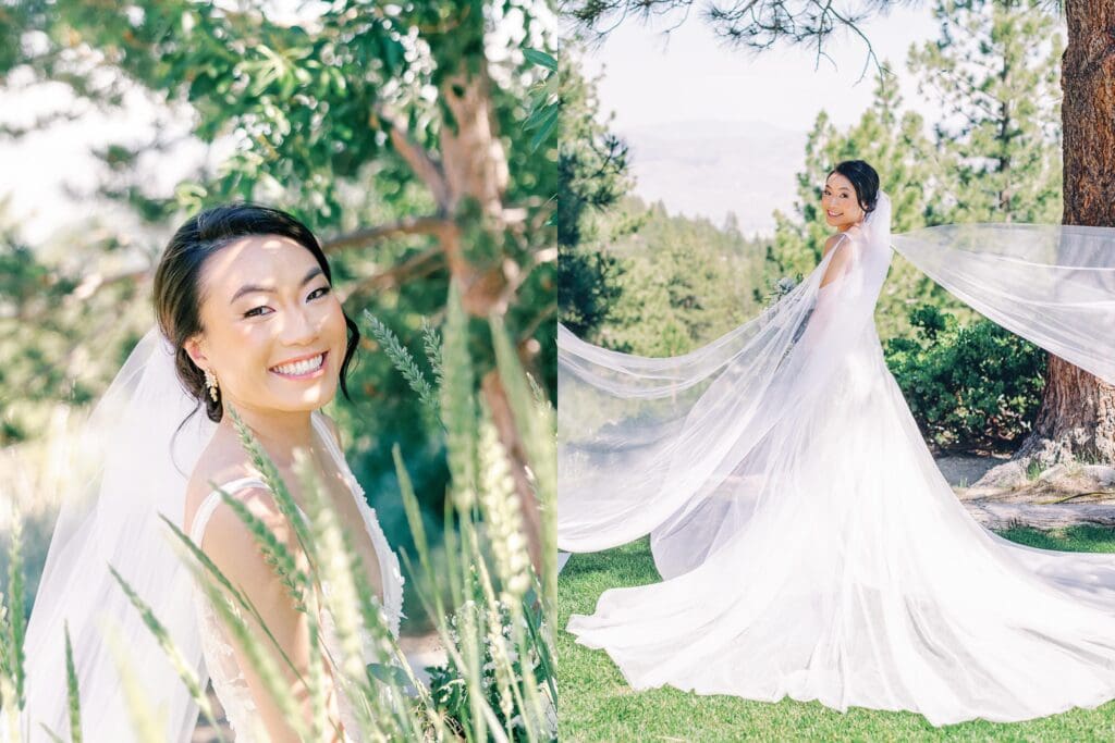 A bride in a white dress and veil stands atop a mountain, overlooking Tannenbaum Lake Tahoe during her wedding.