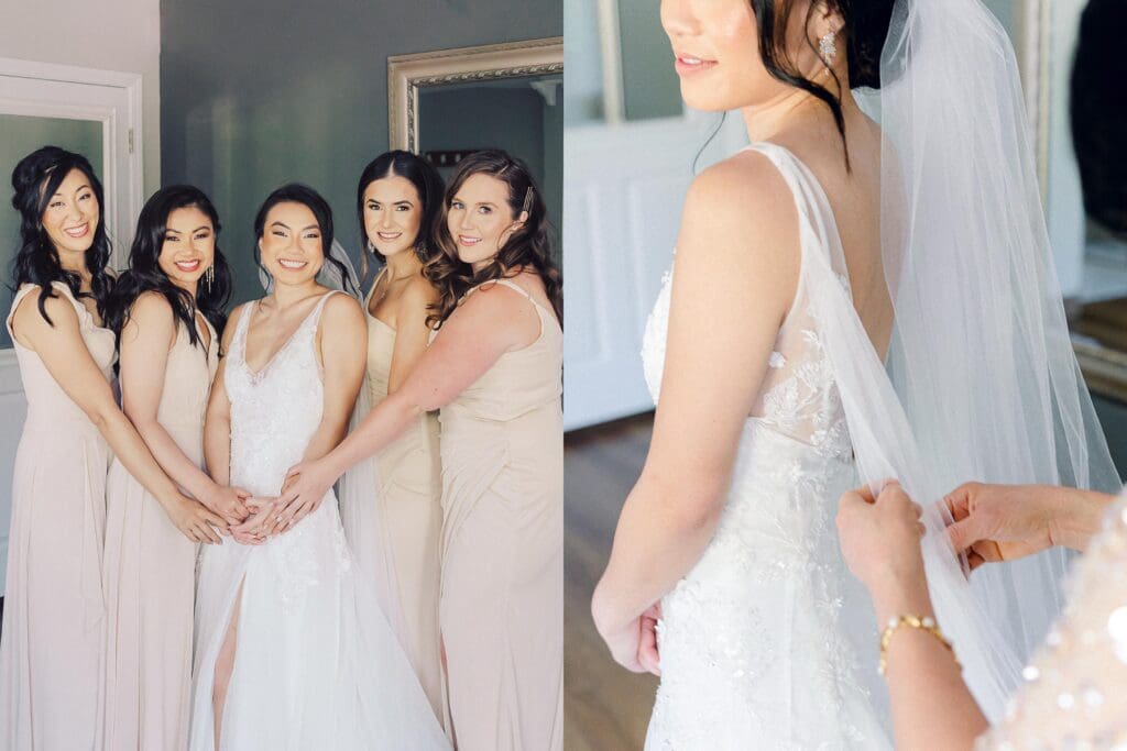 A bride in a wedding dress preparing for her wedding at Tannenbaum Lake Tahoe.