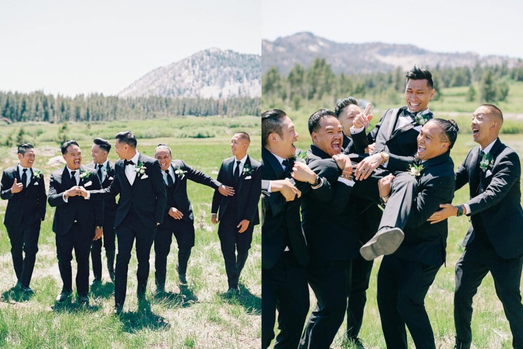 Groom and groomsmen photo portrait at Tannenbaum Lake Tahoe wedding venue, captured by the photographer.