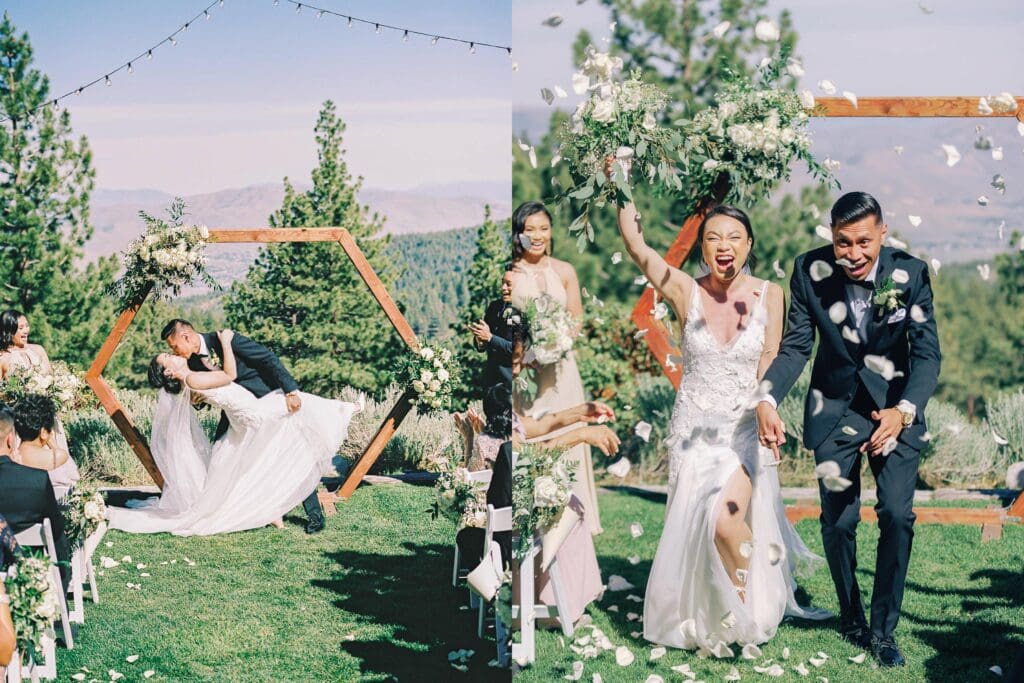 A beautiful wedding ceremony at Tannenbaum Lodge, set against the breathtaking backdrop of Lake Tahoe's mountains.