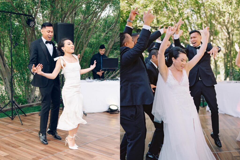 The bride and groom enjoy their first dance together at a scenic wedding reception at Tannenbaum Lake, Lake Tahoe.