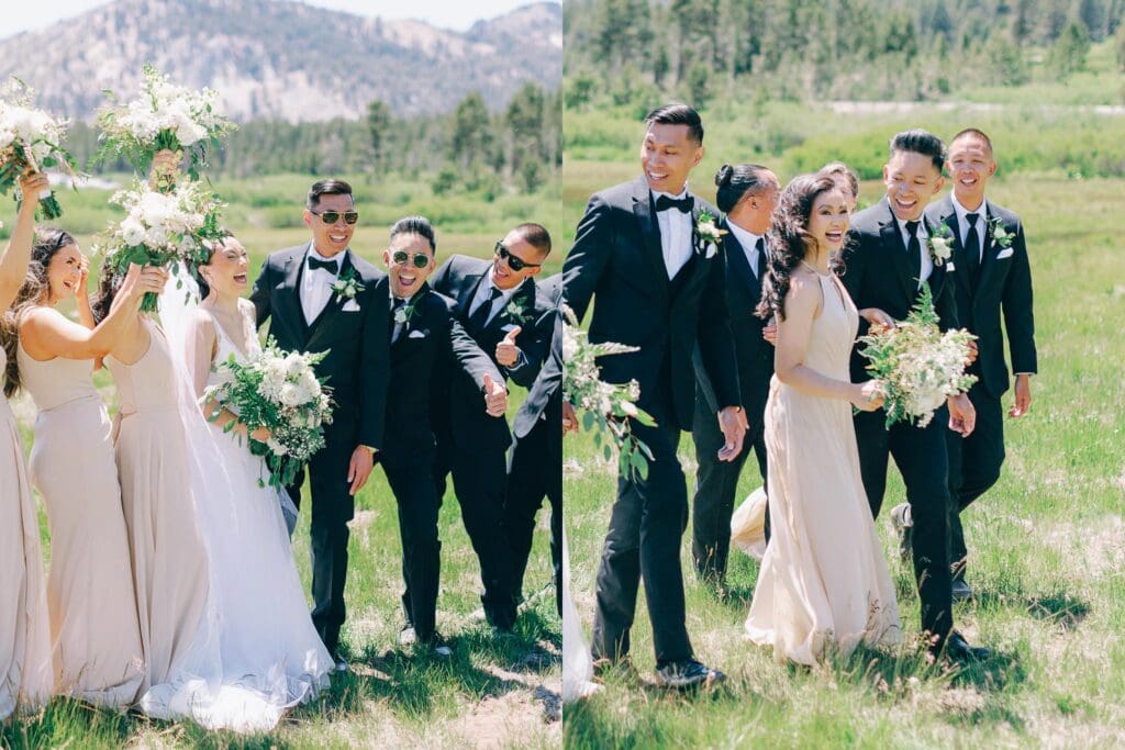 Bridal party smiling at Tannenbaum Lake Tahoe wedding venue, captured by the photographer.